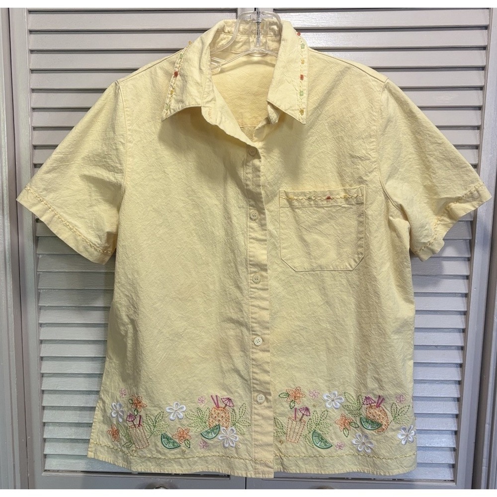 Yellow Boho Button Up Embroidery Beads Summer Collar Shirt Size Large